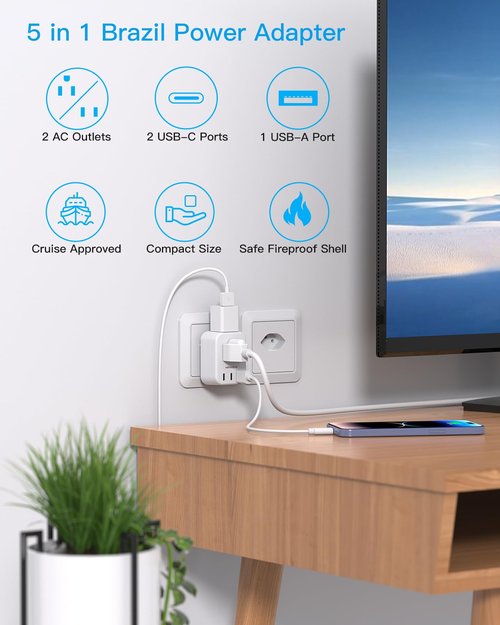 Brazil Power Adapter, HANYCONY Type N Plug Adapter with 2 Outlets 3 USB Ports (2 USB C), Travel Adapter for US to Brazil Brazilian Brasil