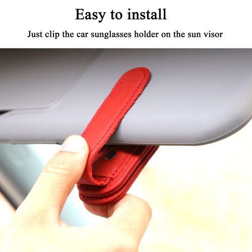 KIWEN Sunglasses Holders for Car Visor, Magnetic Leather Glasses Eyeglass Clip for Car, Ticket Card Clip Sunglasses Mount, Car Visor Accessories Gadgets (1, Red)