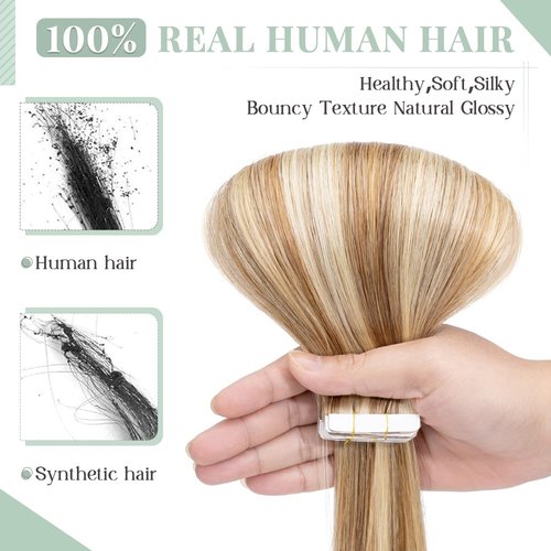 Rich Choices Tape in Hair Extensions Human Hair, 40pcs 100g 100% Remy Tape Hair Extensions Real Human Hair,Seamless Tape in Hair Extension 16 Inch #12P613 Golden Brown Highlighted Bleach Blonde