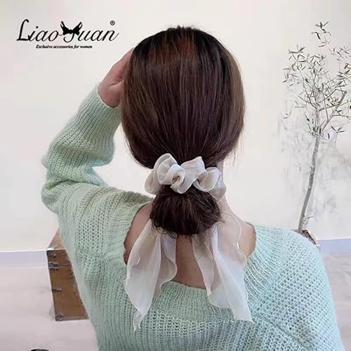 6 Pcs Scrunchies and Hair Accessories: Chiffon Floral Bowknot Ponytail Holders, Soft Elastic Hair Ribbons and Bunny Ear Ties for Women and Girls