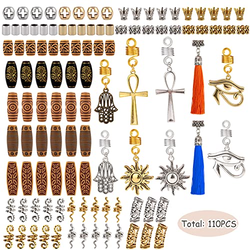110PCS Retro Metal Dreadlock Accessories Hair Tube Beads Wooden-Like Beads Handmade DIY Tassel Hair Decoration Hair Jewelry for Locs Braids Men Women Hip-Hop Style