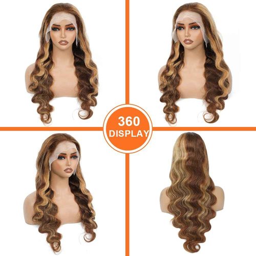 vivehebe Ombre Lace Front Wig Human Hair 26Inch Highlight Wig Human Hair 13x4 HD Transparent Body Wave 180% Density Honey Blonde Human Hair Wigs for Women Pre Plucked