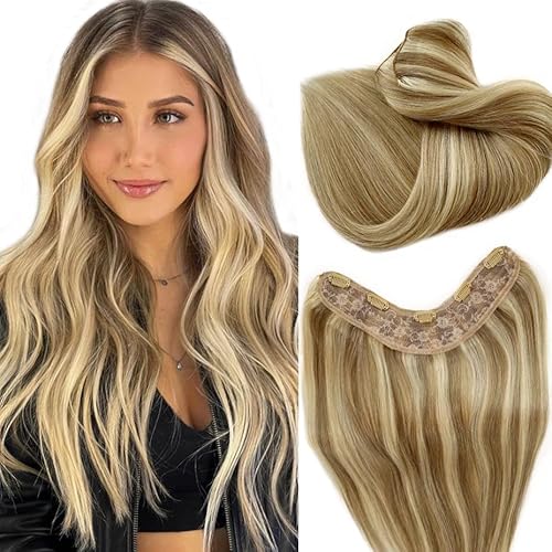 Balayage Clip in Hair Extensions V Shape Clips on Hair 3/4 Full Head Hairpieces One Piece for Women 20Inch Ombre Ash Blonde to Platinum Blonde Real Human Hair 100G Invisible Clip in Hair Extension