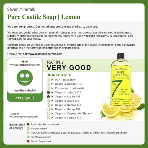 Seven Minerals EWG Verified Unscented Castile Soap (1 Gallon) & Pure Lemon Castile Soap (33.8 fl oz)