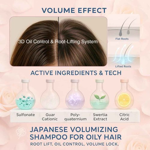 DEMIKI Shampoo for Women,Japanese Shampoo for Oily Hair, Keratin Care,Organic Rose Scent, Pink, Moisturizing, Volumizing Hair Care, Anti Dandruff, Sulfate Free & Paraben Free, 450ml,16oz*2