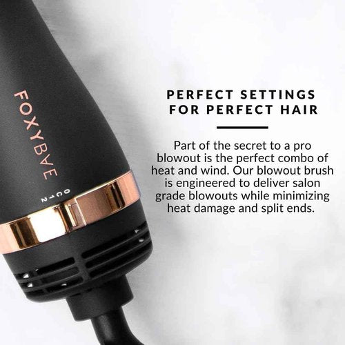 FoxyBae Blowout Hot Air Brush - 75mm Hair Dryer, Curler, Volumizer & Straightener - Ceramic Tourmaline Ionic Technology with Dual Bristles (Black Rose-Gold)