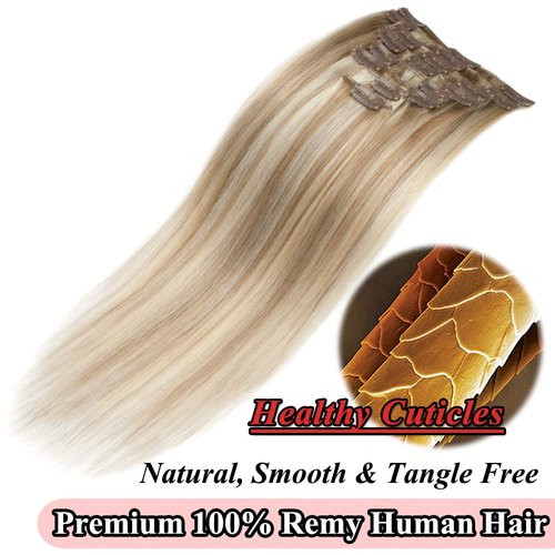 MY-LADY Clip in Hair Extensions Real Human Hair Golden Brown & Bleach Blonde 22 Inch 85g Remy Hair 8pcs Weft Balayage Full Head Silky Natural Straight for Women