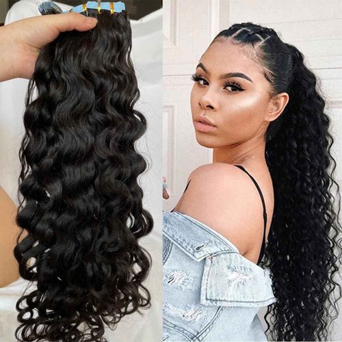 Tape in Hair Extensions Natural Wavy Real Human Hair 24inch Nautural Black Water Wave Brazilian Remy Human Hair Natural Color Tape on Human Hair Extensions 40pcs 100g #1B