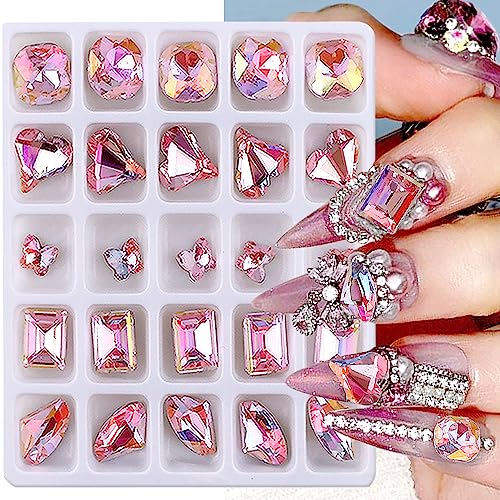 Dornail 25 Pcs Pink Nail Rhinestones & Charms, Shiny Butterfly & Heart Shapes, Rectangular Rhinestones & Diamonds for DIY Craft & Jewelry Nail Design