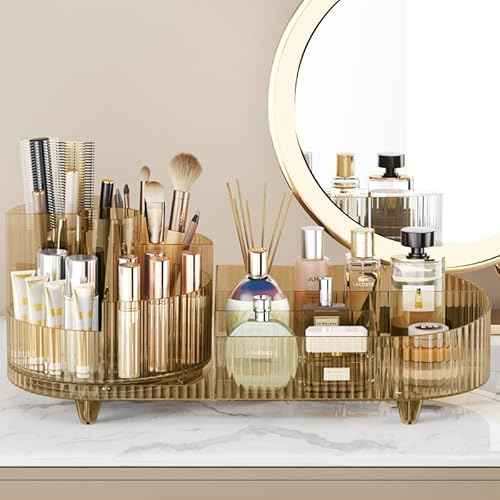 Rotating makeup organizer,Large Capacity Cosmetic Display Case, easy to hold all of your makeup products, at least 20 makeup brushes/eyeliner,10 lipsticks,8 skincare products(Crystal Amber)