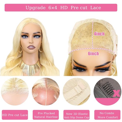 Closure Wig Glueless Wigs Pre Plucked & Cut 180% Density Wear & Go Glueless Wig 6x4 HD Body Wave Lace Front Wig 18 Inch