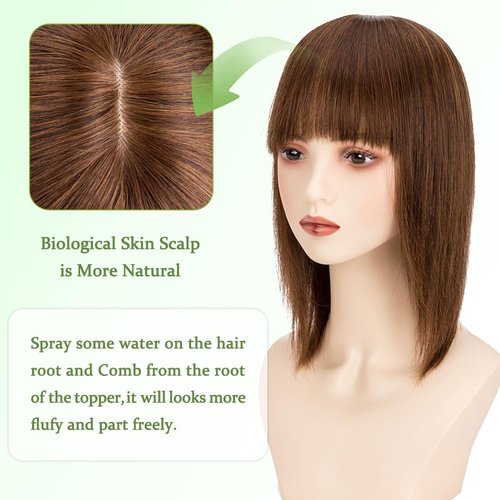 Lovenea 13x15cm Human Hair Topper with Bangs 12 Inch Straight Human Hair Silk Base 130% Density Clip In Toppers Hairpieces for Women With Hair Loss Thinning Hair Medium Brown(4#, 12 Inch)