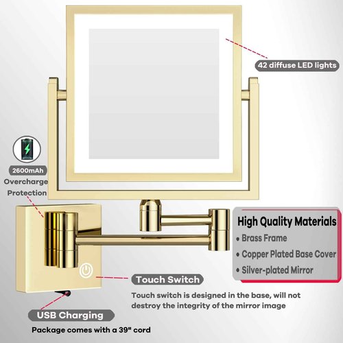 RECKODOR LED Lighted Makeup Mirror Wall Mounted Square, 1/3X Bathroom Magnifying Mirror Wall Mounted with Light, Touch Dimming, Rechargeable, PVD Zirconium Gold