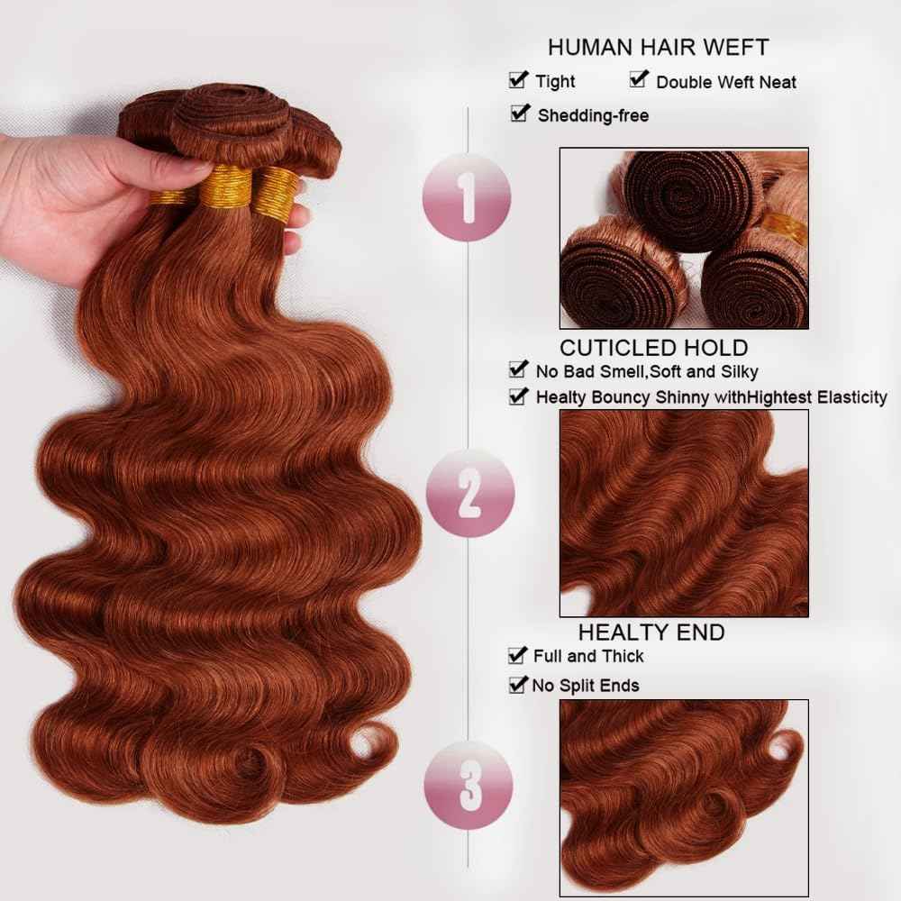 26 28 30 Inch Reddish Brown Body Wave Bundles Copper Red Bundles Human Hair Mixed Length Peruvian Virgin Auburn Brown Bundle Hair Extensions