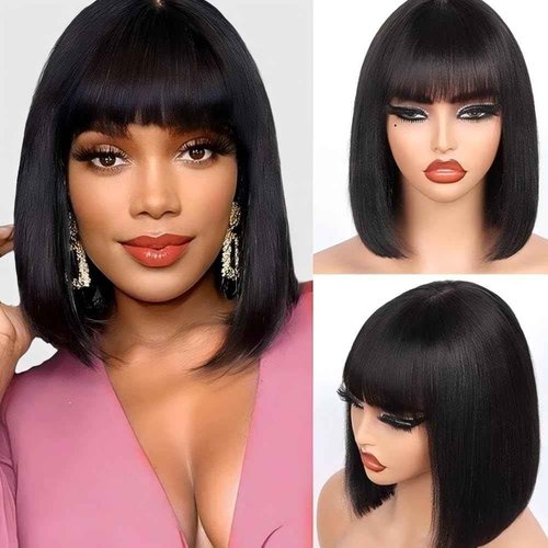 ISEE HAIR Bob Straight Wig with Bangs Human Hair Glueless Wig Ready to Go Human Hair Wigs For Women 180 Density (Straight, 14 Inch)