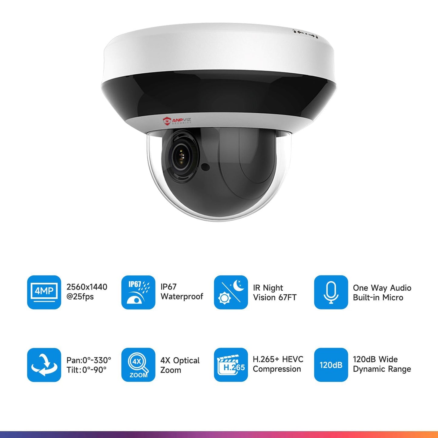 Anpviz 4MP PoE PTZ IP Camera with 4X Optical Zoom, 2560x1440@30fps, H.265+ Dome Security Camera, Perimeter Protection, Built-in Audio, Alarm, 330° Pan 90° Tilt, Card Slot, Guarding Vision(H Series)