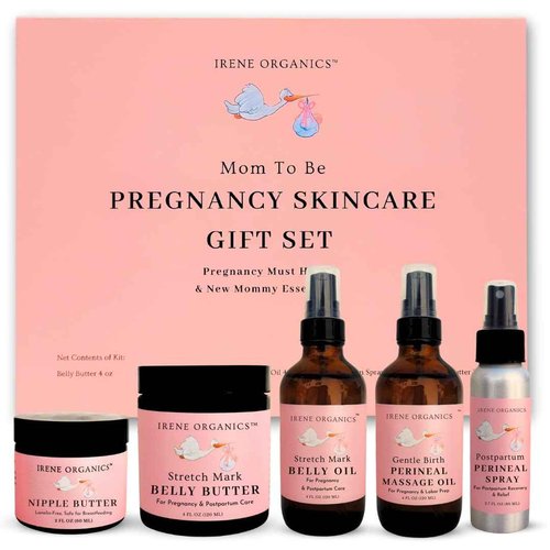 Irene Organics Belly Bundle – 5 Piece Pregnancy Skincare Gift Set with Organic Belly Butter & Natural Body Oil for Stretch Marks (5 piece set)