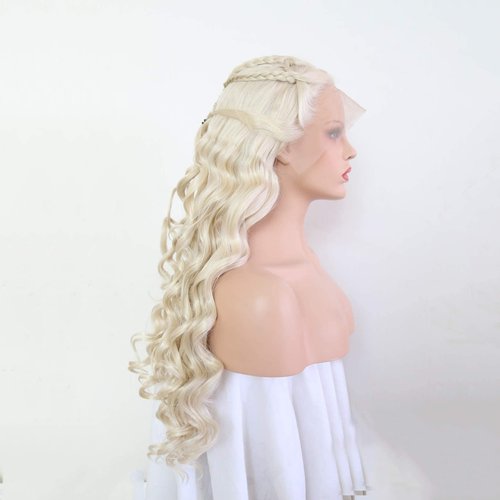 RONGDUOYI 26" Cosplay Braiding Hair Style Wig Blonde Body Wave Synthetic Lace Front Wig with Six Plaits Pre Plucked Glueless Halloween Cosplay Party Wigs