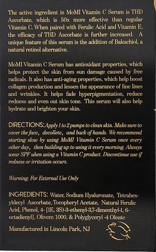MōMI Vitamin C Serum with Bakuchiol. Brightening, firming, helps with hyperpigmentation. Contains 20% THD Ascorbate, HA, Ferulic Acid, Vitamin E and Bakuchiol,