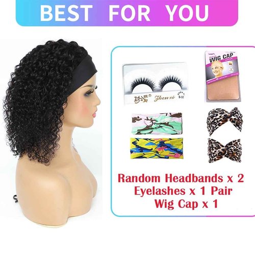 Feelgrace Short Headband Wigs Human Hair Water Wave Wig for Women, Glueless Curly Weave Wigs 100% Unprocessed Hair None Lace Front Wigs 150% Density Brazilian Hair Natural Black Headband Wig 14 Inch