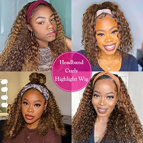 Eooma #4/30 Omber Headband Wig Curly Human Hair Wigs for Black Women 10A 180% Density Brazilian Kinky Curly Human Hair Headband Wigs Scarf No Gel Gluelees 22 Inch Remy Hair