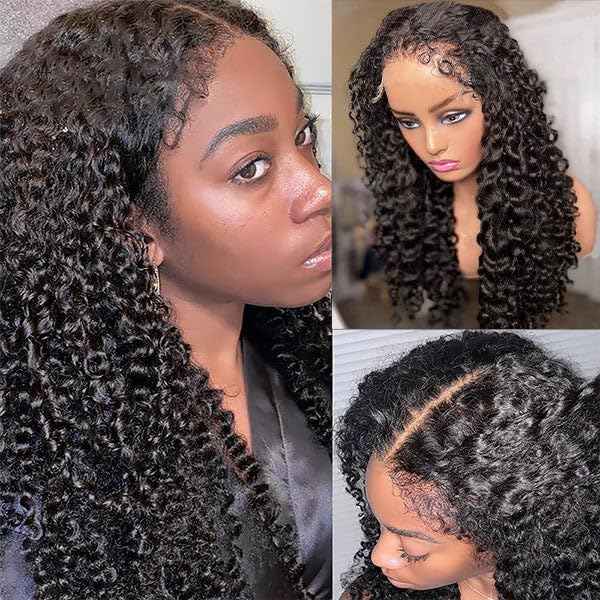 4C Edges Kinky Curly Lace Front Wigs Human Hair 13x4 HD Transparent Lace Frontal Wigs with Curly Edges Baby Hair, Deep Wave Curl Wig Pre-Plucked Hairline 180% Density 16 inch