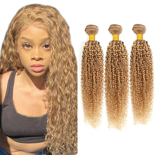 #27 Kinky Curly Bundle Honey Blonde Human Hair 3 Bundles Brazilian Unprocessed Virgin Hair Extensions Double Weft Bundle For Women 12 14 16 Inch