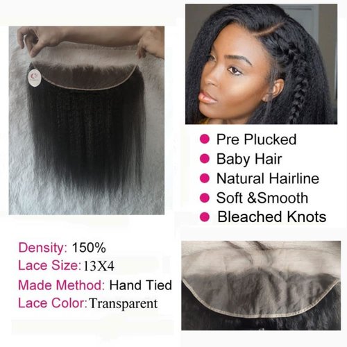 Forawme Brazilian Virgin Kinky Straight Human Hair Pre Plucked Full Lace Frontals Pieces 20 Inch 1B Natural Color 13X4 Ear To Ear Lace Frontal Closure With Baby Hair