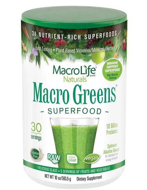 MacroLife Macro Greens Powder 38 Superfood Probiotics Antioxidants Digestive Enzymes & Adaptogen Supplement - Daily Super Green Juice & Smoothie Mix - Non-GMO Vegan Gluten-Free - 10oz (30 Servings)