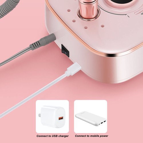 Nail Drill Handpiece, Rose Gold 35000RPM LED Low Noise Nail File Electric Grinding Machine Electric Nail Drill Handle Rechargeable Drill Set Nail Drill Handpiece DIY Nails
