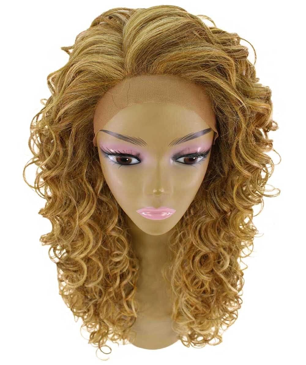 LUXLUXE Mariah Curly 16 Inch Long 7x4 Hand-Tied Lace Front Wig, Heat Resistant Fiber, 20+ Shades of Natural, Dip Dyed, & Blended Colors (#P2763 - Blonde Blend)