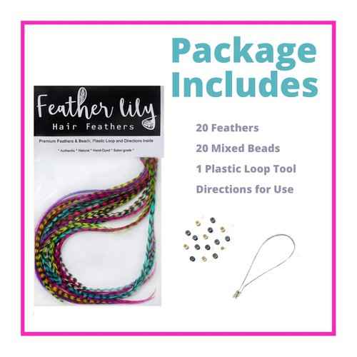 Feather Hair Extensions Bundle of 40 hair feathers in turquoise, pink, purple, and natural colors plus loop tool and beads Brand: Feather Lily