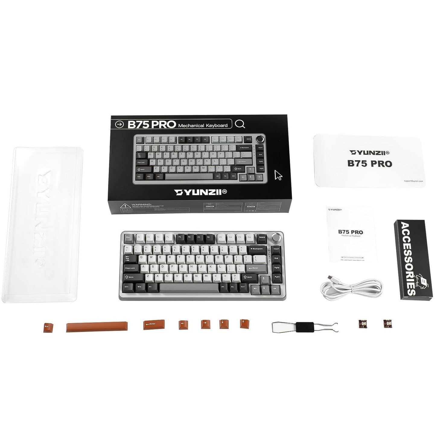 YUNZII B75 PRO Wireless Mechanical Keyboard,75% Layout with Knob,Hot Swap Gasket Custom Structure,Creamy Pre-lubed Switches,RGB Backlit,Bluetooth/Type-C/2.4G for Win/Mac(Milk Switch,Grey)