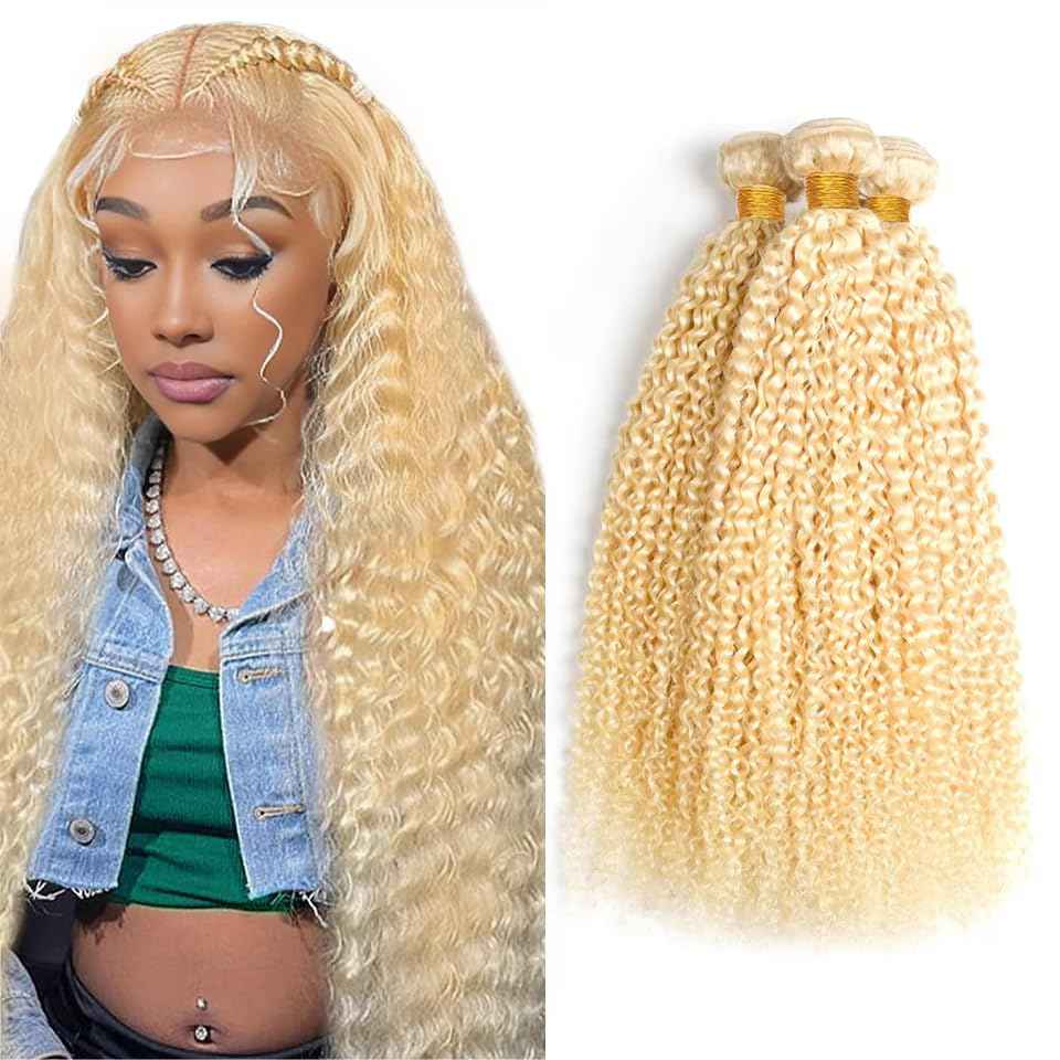 30 32 34 Inch 613 Bundles Human Hair Blonde Kinky Curly Bundles 8A Brazilian Virgin Remy Mixed Length 613 Blonde Bundle Hair Weave