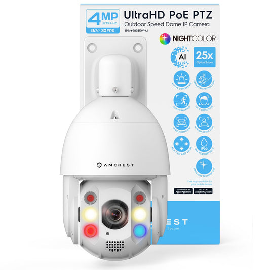 Amcrest 4MP Outdoor PTZ POE+ 802.3at AI IP Camera Pan Tilt Zoom (Optical 25x Motorized), Face Detection, High Speed Auto Tracking, Video MetaData Monitoring, 492ft IR Night Vision, IP4M-1093EW-AI