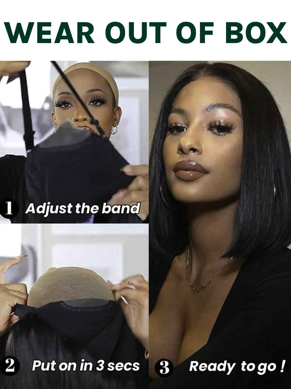 KLAIYI Bob Wig Human Hair Bye Bye Knots Glueless Wear and Go Wig with Drawstring Pre Cut 7x5 Lace Front Pre Plucked Bleached Short Straight Put on Go Beginner Wigs 3S Ready to Go Pre Everything 10Inch