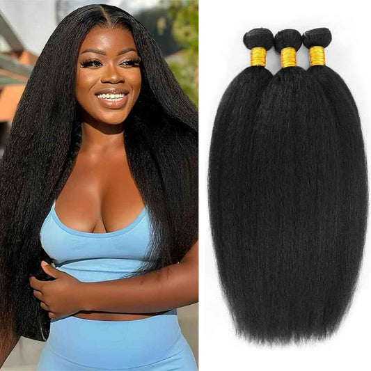 Kinky Straight Hair 3 Bundles Yaki Straight Bundles Human Hair 18 20 22 inch 100% Unprocessed Brazilian Virgin Hair Weave Kinky Straight Bundles Sew in Kinkystraight Human Hair Bundles
