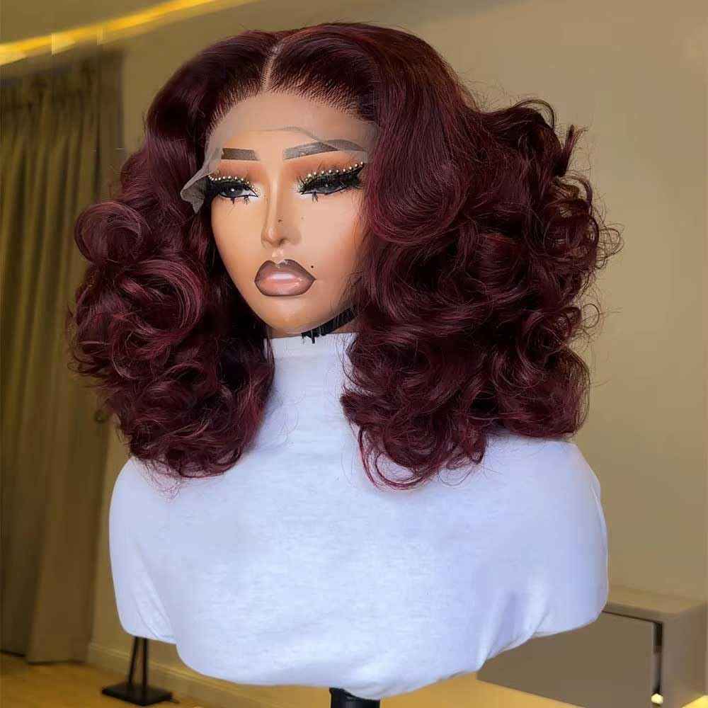 250% Full Density 99J Burgundy Lace Front Wigs Human Hair 13x4 Short Bob Wigs Human Hair Glueless Wear and Go Loose Deep Wave Wig Pre Plucked Pre Bleached Red Wig Human Hair (16inches)