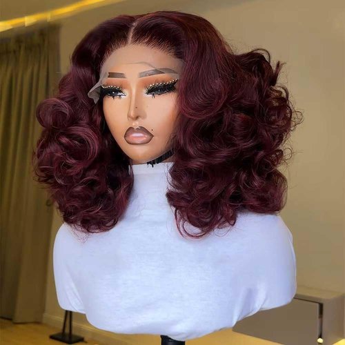 250% Density Loose Deep Wave Wig 13x4 99J Burgundy Wig Human Hair Glueless Wigs Pre Plucked Invisible Lace Dark Red Bob Wig Bleached Knots 100% Human Hair Lace Front Wigs Full and Thick (14inches)