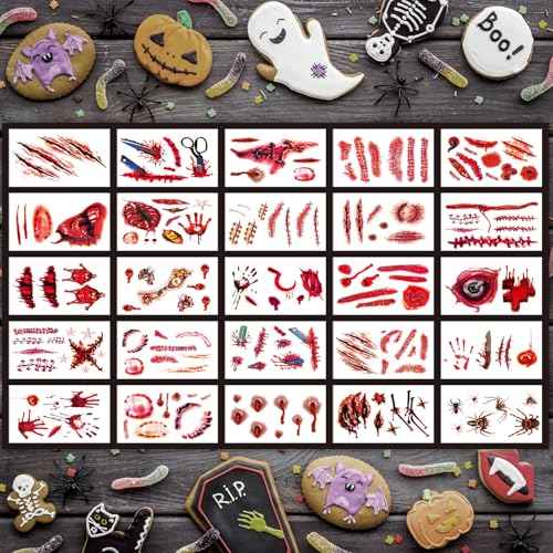 30 Sheets 220+ PCS Halloween Fake Scars Tattoos Temporary, Chucky Zombie Makeup Kit, Realistic Halloween Face Stitch Scar Makeup Tattoos Stickers Masquerade Prank Makeup Props
