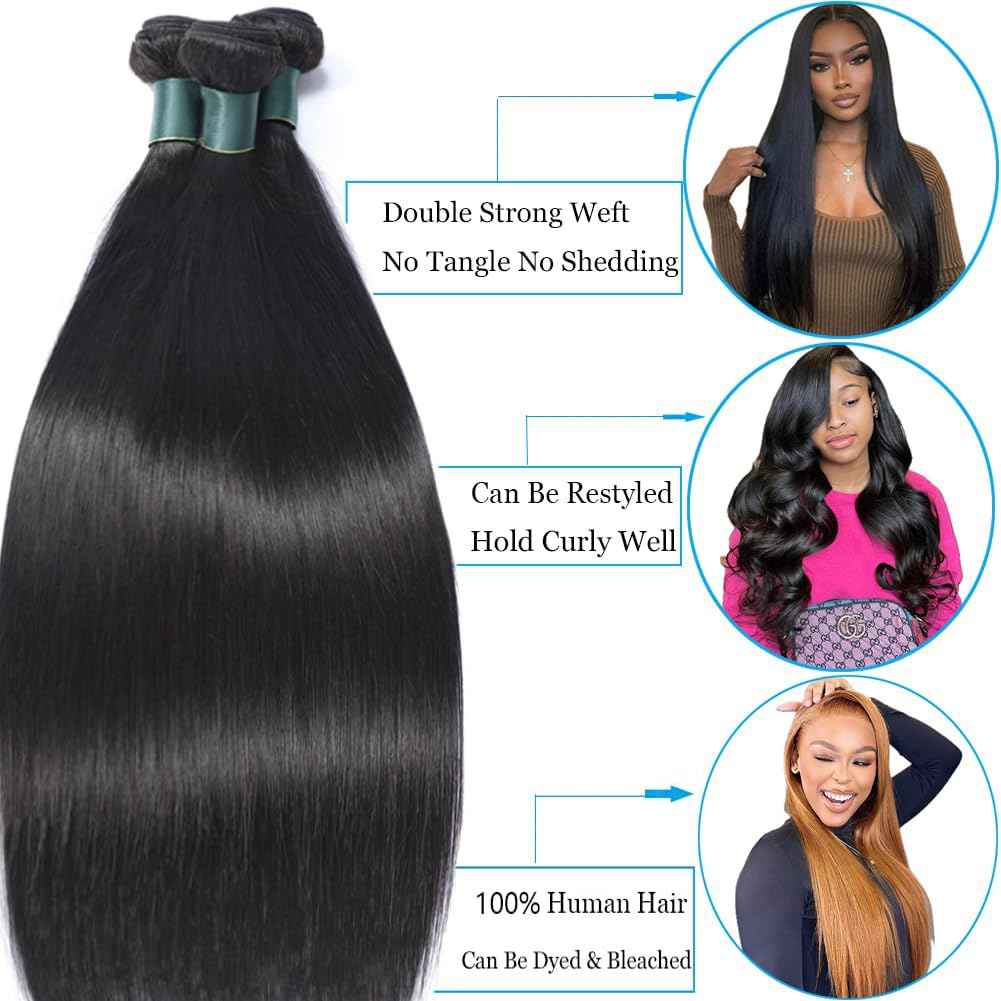 Great Grace Brazilian Straight Bundles Human Hair 20 22 24 Inch 12A 100% Unprocessed Virgin Human Hair Weave 3 Bundles Deals Natural Black Color (Natural Balck 3 Bundles, 20 22 24)
