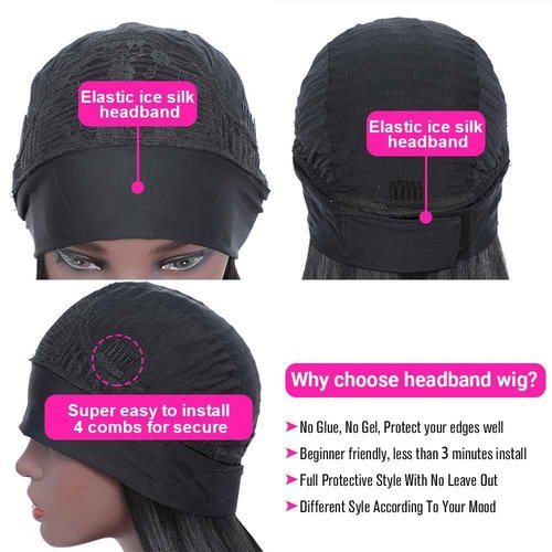 Headband Wig Human Hair for Women Straight Bob Human Hair Headband None Lace Wig Glueless Short Bob Wigs 100% Brazilian Virgin Hair Wear and Go Wigs Natural Color 12 Inch
