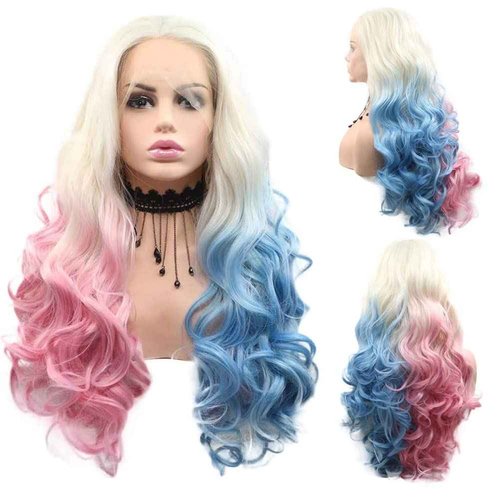 Angle Lucky Cosplay Colorful Wig for Women Synthetic Lace Front Wig Long Wavy Blonde Omber Pink Blue Glueless Wig Heat Resistant Fiber Drag Queen Party Wigs 24Inch