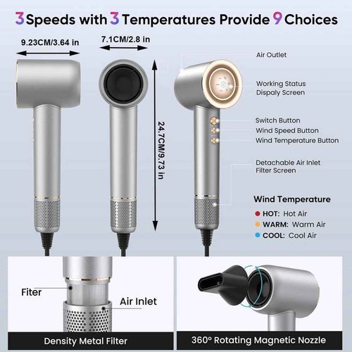 JINRI Hair Dryer, 110000 RPM High Speed & Ionic Low Noise Blow Dryer with Brushless Motor for Fast Drying, Thermo Control Quiet Compact Hair Blow Dryer with Magnetic Nozzle for Home Travel Salon