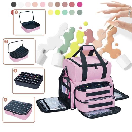 YAHOURWAT Nail Polish Organizer Case Holds 80 Bottles (15ml - 0.5 fl.oz) and a Nail Lamp,Nail Polish Case with 2 Removable Bags and Tools Storage Sections Pink