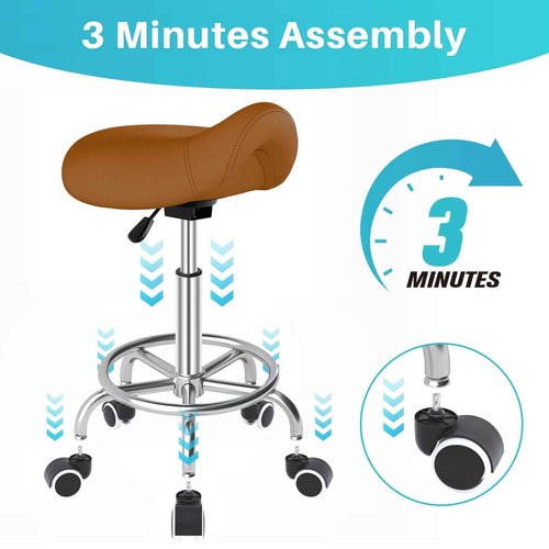 YEEZEE Saddle Stool Ergonomic- Comfortable Rolling Saddle Stool with Wide Thick Saddle Seat Padding, Swivel Adjustable Saddle Chair with Wheels and Ring Pedal for Medical Massage Salon (Brown)