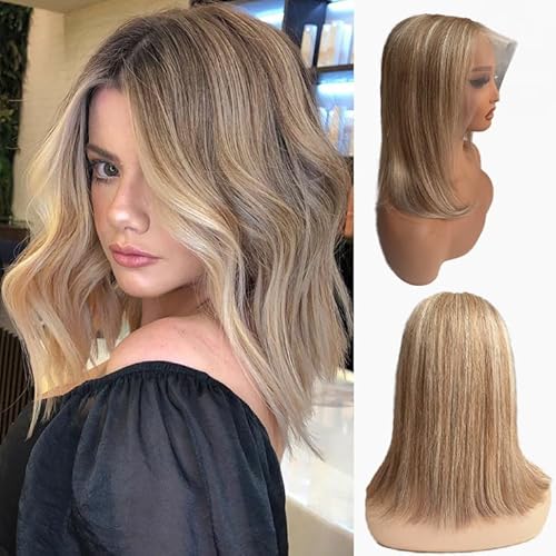 8T860 10 Inch Highlight Bob Wigs Human Hair for White Women Brown to Blonde with Brown Roots Ombre 13x6 HD Lace Front Wig Human Hair Pre Plucked Pre Cut Glueless Straight Bob Wigs with Baby Hair