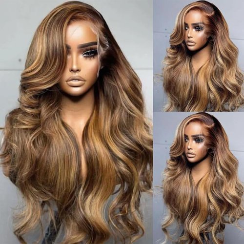 Munx Honey Blonde Highlight Wig Human Hair Ombre Body Wave Lace Front Wig 180 Density Full Ends 13X4 HD Lace Frontal Wigs Human Hair Pre Plucked 4/27 Colored Lace Wigs 28in