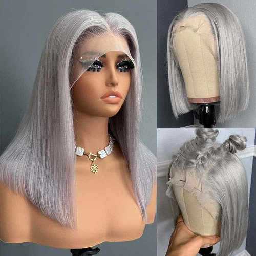 Bestvivid Dark Grey HD Lace Bob wig Straight Human Hair 10inch Pre Plucked Short Cut Peruvian Virgin Hair 180% Density Glueless Gray Bob Wig 13x4 Transparent Lace Middle Part for Black Women