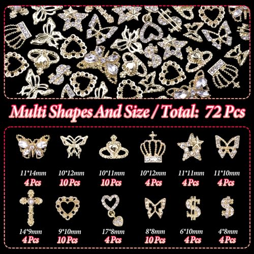 72 Pcs Cross Star Gold Nail Charms, Butterfly Stars Dangle Heart Dollars Crown Golden Nail Gems Charms 3D Star Heart Nail Gems Gold Charms for Nail Art DIY Supplies